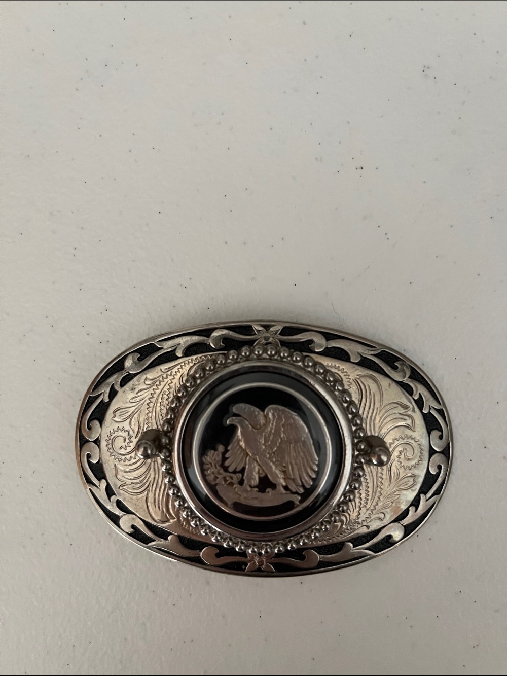 Vintage Western American Eagle Oval Belt Buckle - Made in USA Silver Tone & Blac
